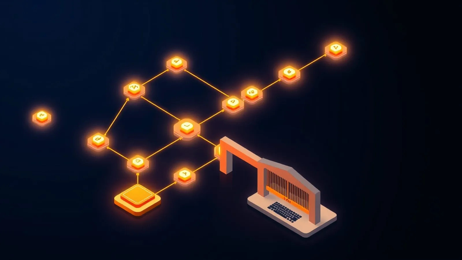 An abstract illustration of an AI agent orchestrating a software pipeline