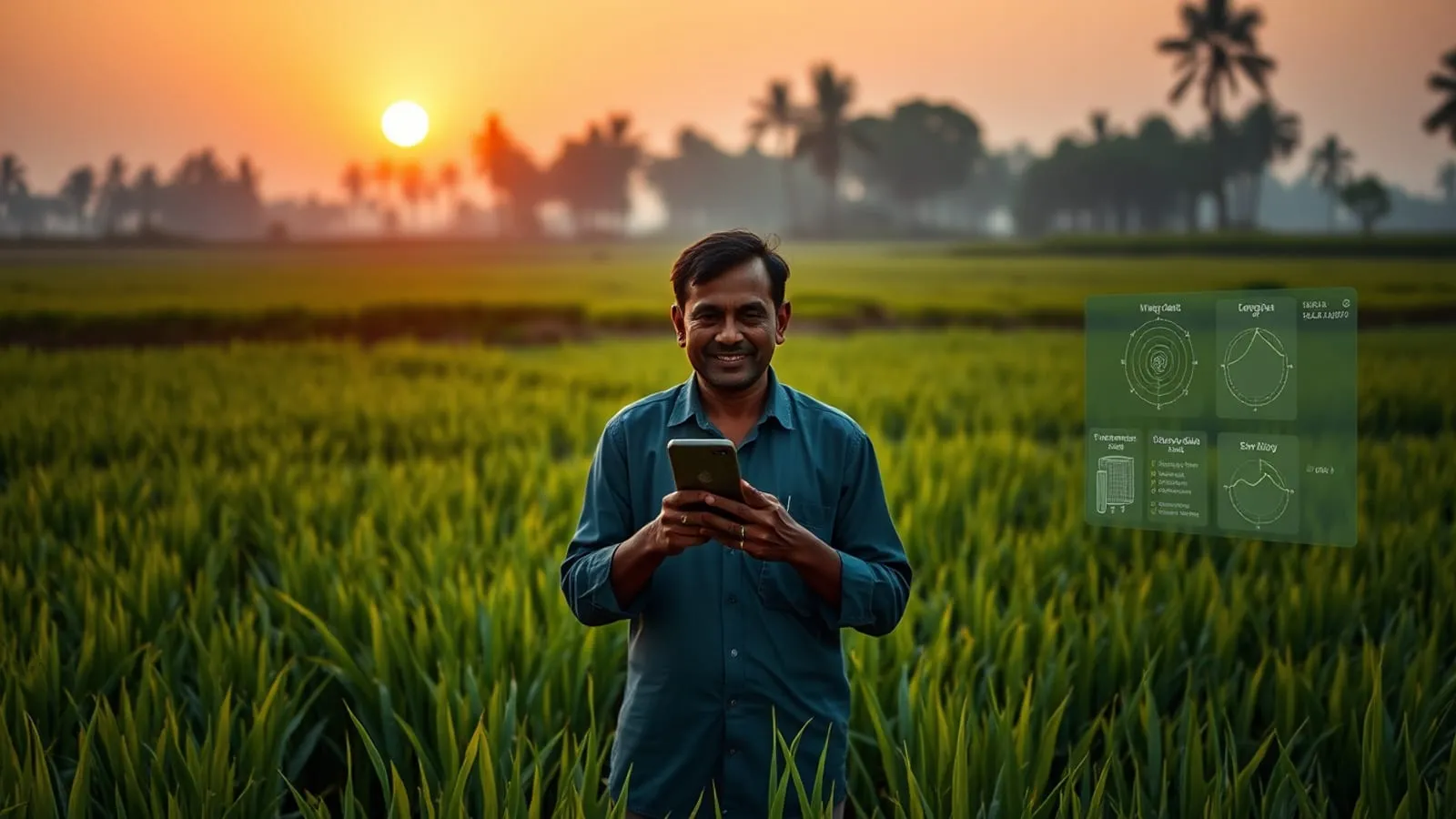 An Indian farmer in a paddy field using a smartphone with crop-data overlays
