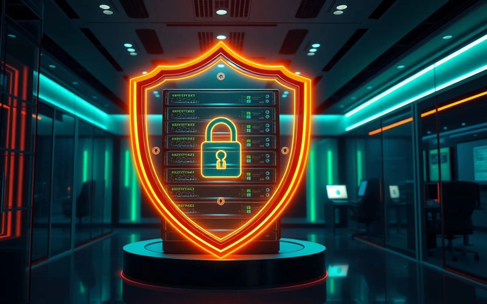 Illustration of sovereign data protection — a glowing amber shield enclosing servers in an enterprise office