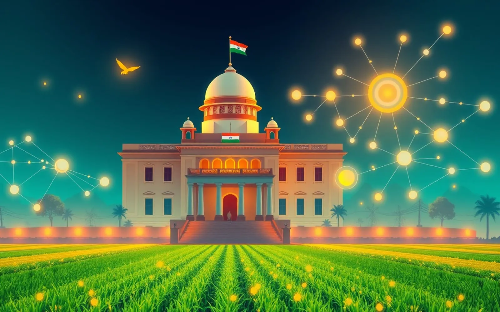 Illustration of Indian e-governance — a government building with glowing data nodes radiating over green farm fields