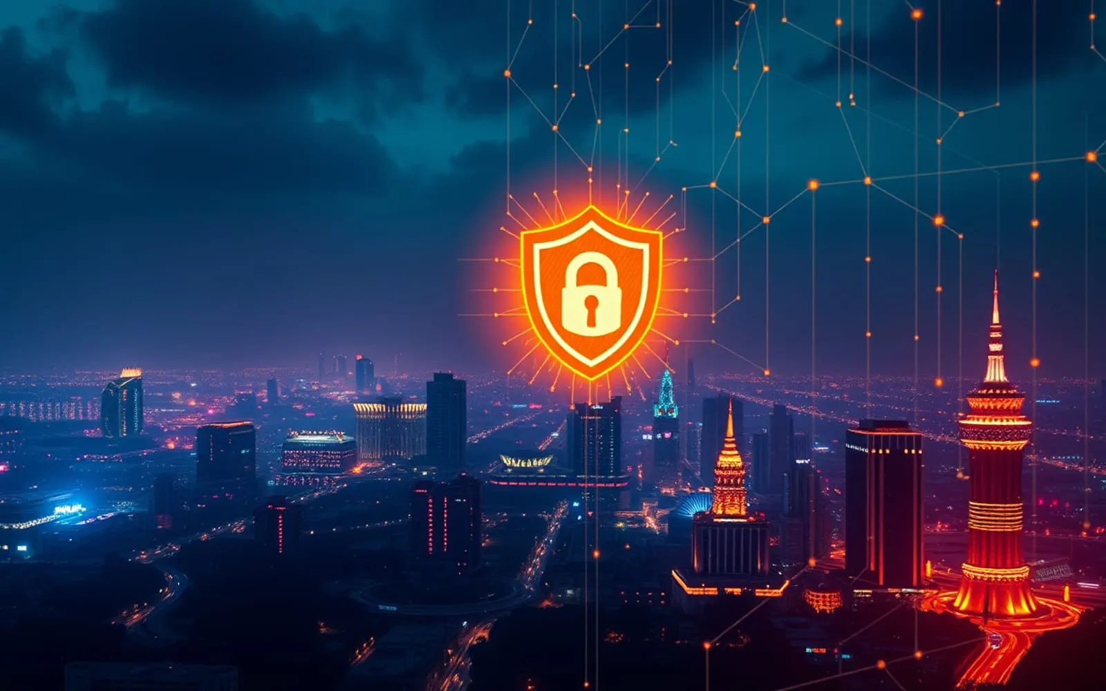 Illustration of cybersecurity for Indian fintech — a glowing protective lattice and shield over a city skyline