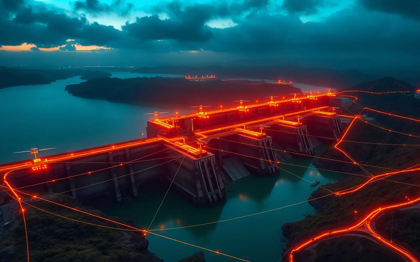 Illustration of an Indian dam and reservoir laced with a glowing IoT sensor network at dusk