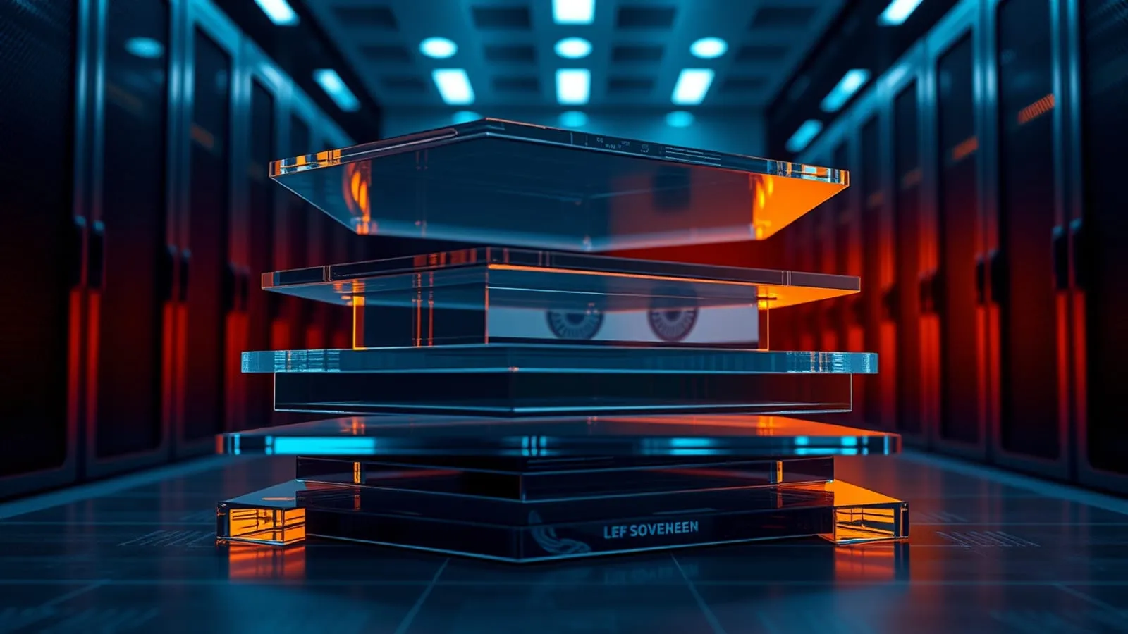 A conceptual image of a layered sovereign software stack in a server room